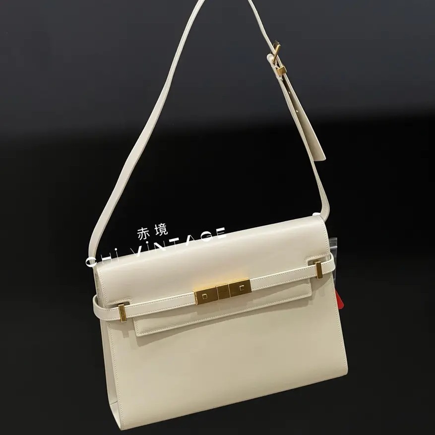 99新 YSL/圣罗兰 6253 米白金全皮曼哈顿Manhattan单肩包中号