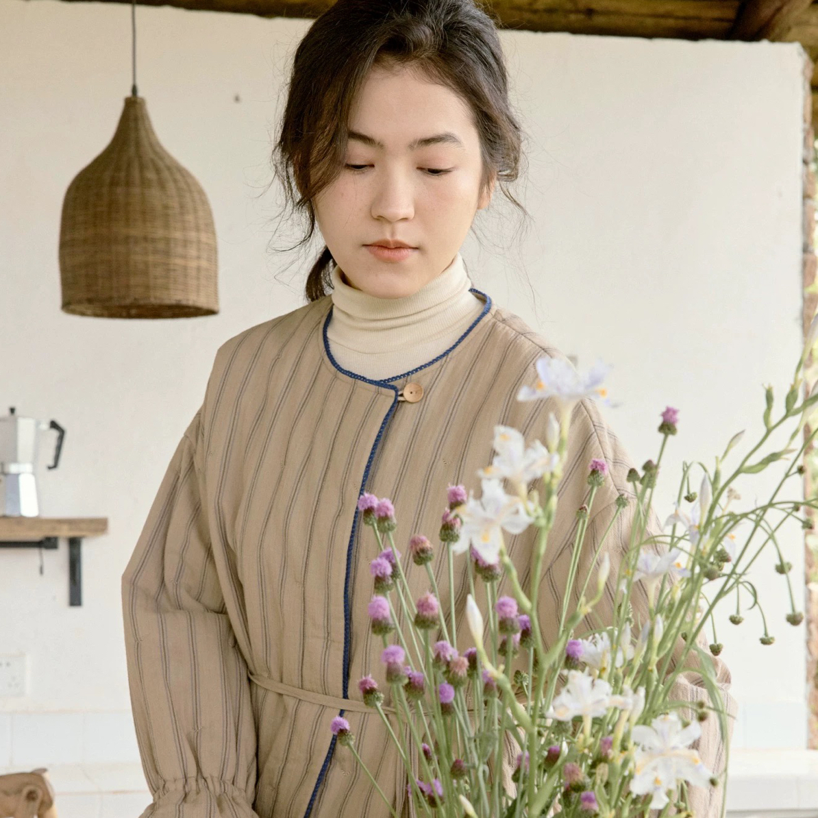朵朵可可睡衣女2025秋冬新款里外纯棉圆领条纹中厚夹棉家居服套装