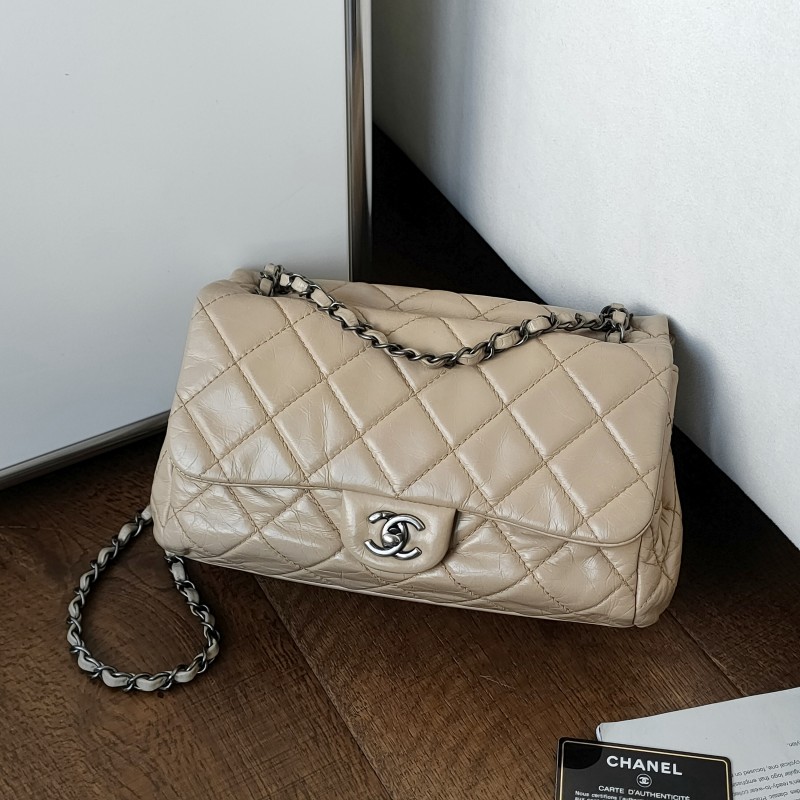 95新 Chanel/香奈儿 Azul-奶茶色油蜡皮胖墩cf单肩包 53274