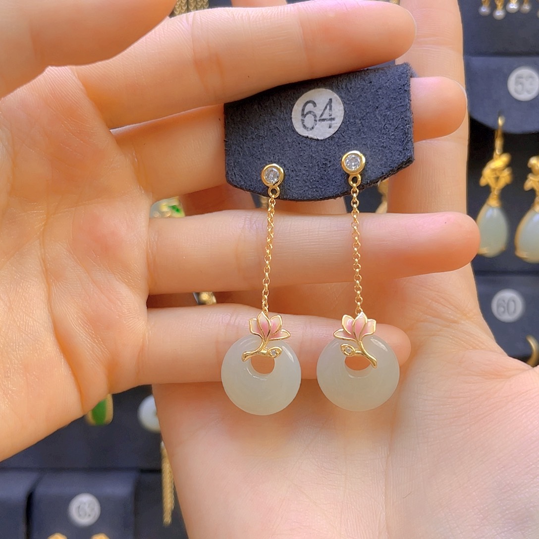 和田玉耳饰银S925镀金镶嵌