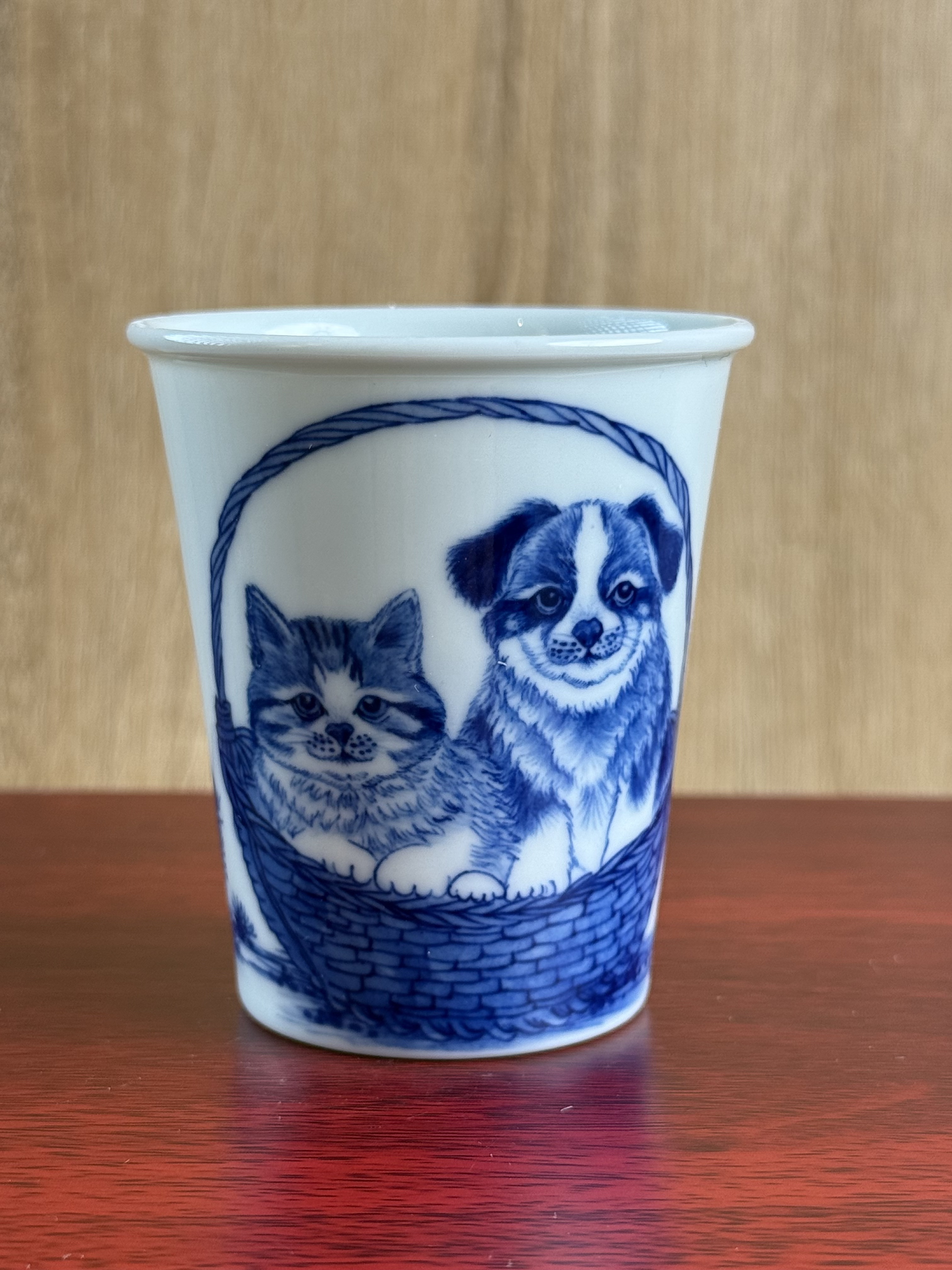 猫猫小狗花篮青花直筒杯手工陶瓷主人杯手绘