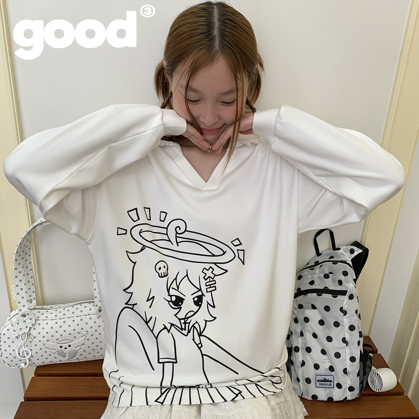 美好商店MeihaoStore翅膀女孩「天使在人间」花边V领涂鸦长袖T恤