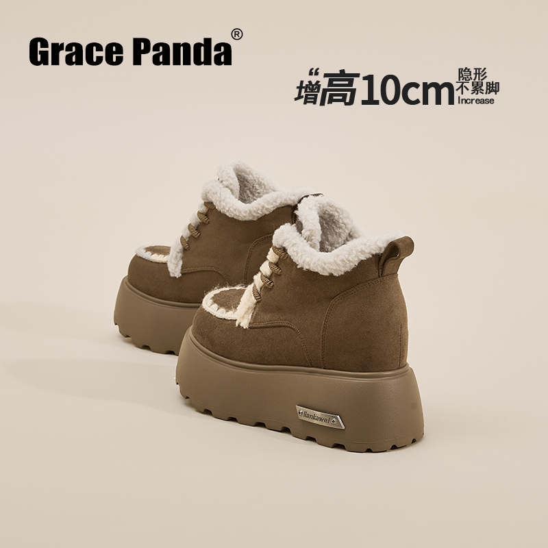 香港2025新款冬季短筒棉鞋加绒短靴复古内增高10CM厚底雪地靴女