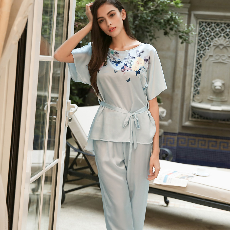  【双12倒计时-断码清货】 印花桑蚕丝家居服上下两件套 浅D-2122