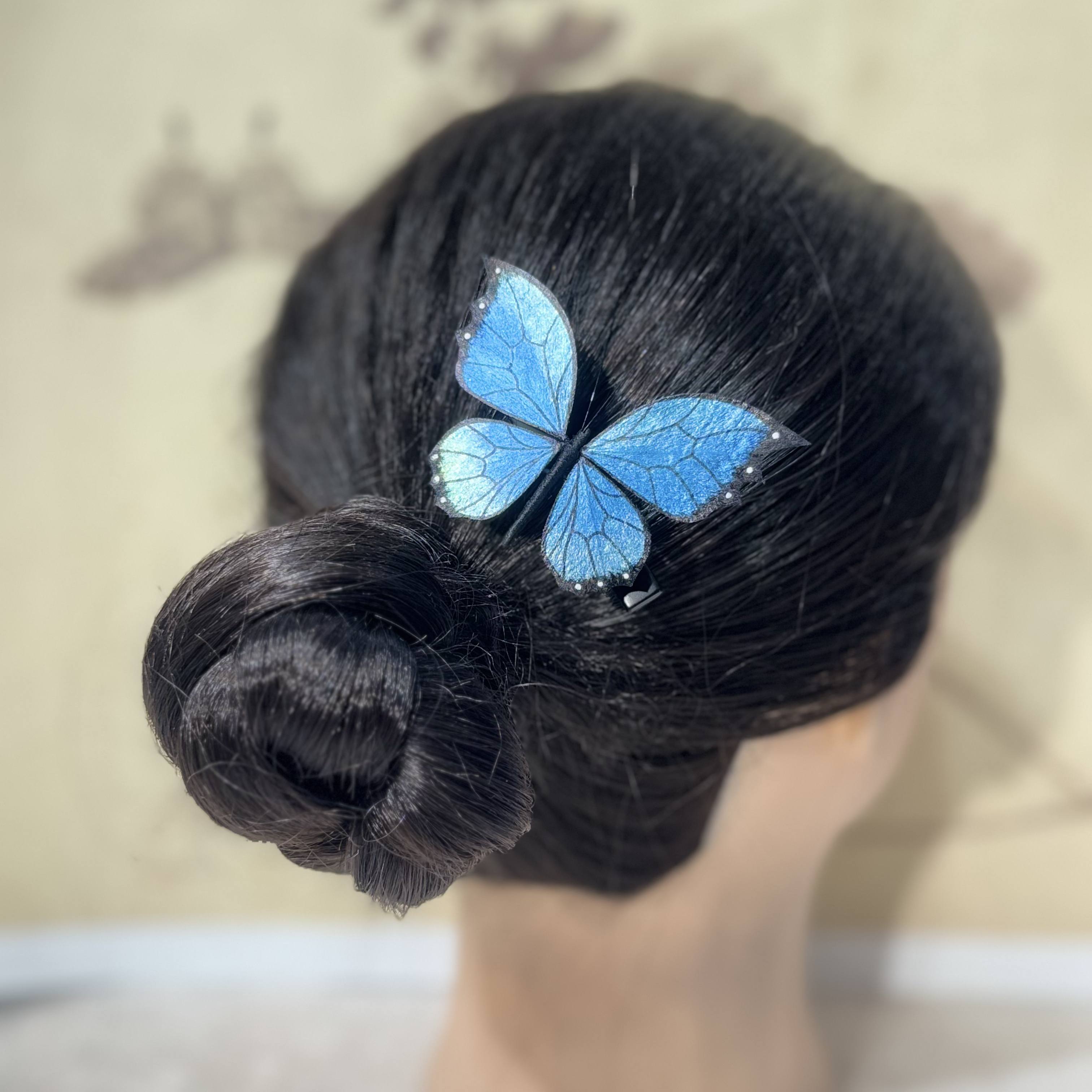 蝴蝶发夹 蓝色手绘+非遗绒花工艺国风仙女百搭