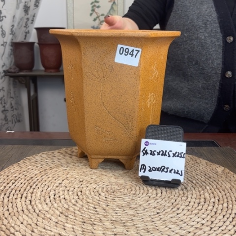 紫砂花盆柴烧刻绘款大宫灯六方0947