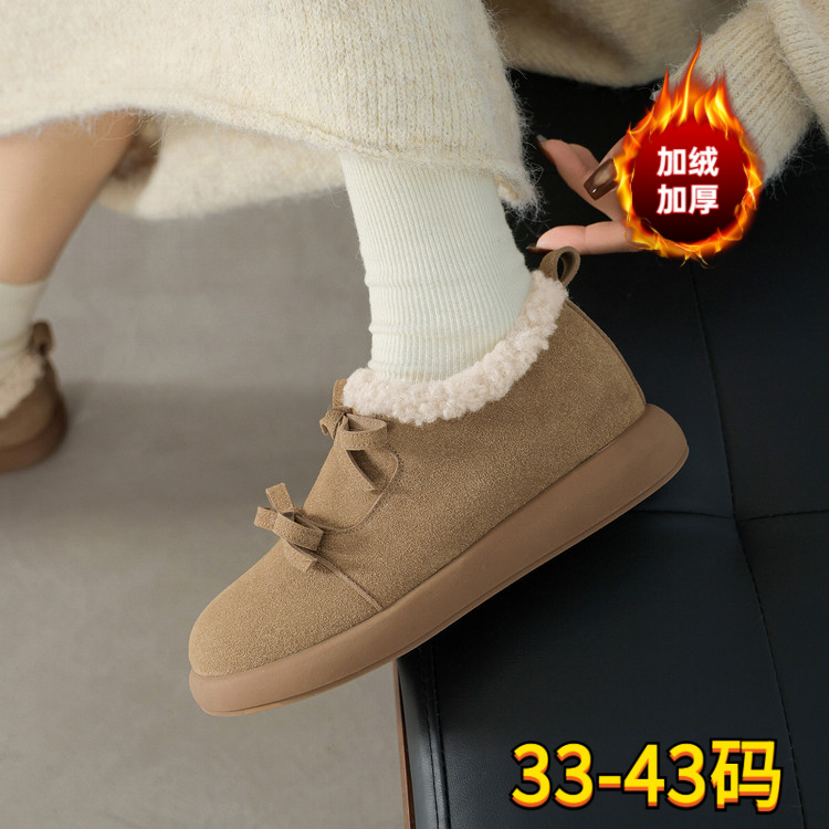 2025冬季蝴蝶结毛毛鞋加绒平底勃肯鞋女保暖雪地靴棉鞋大码33-43
