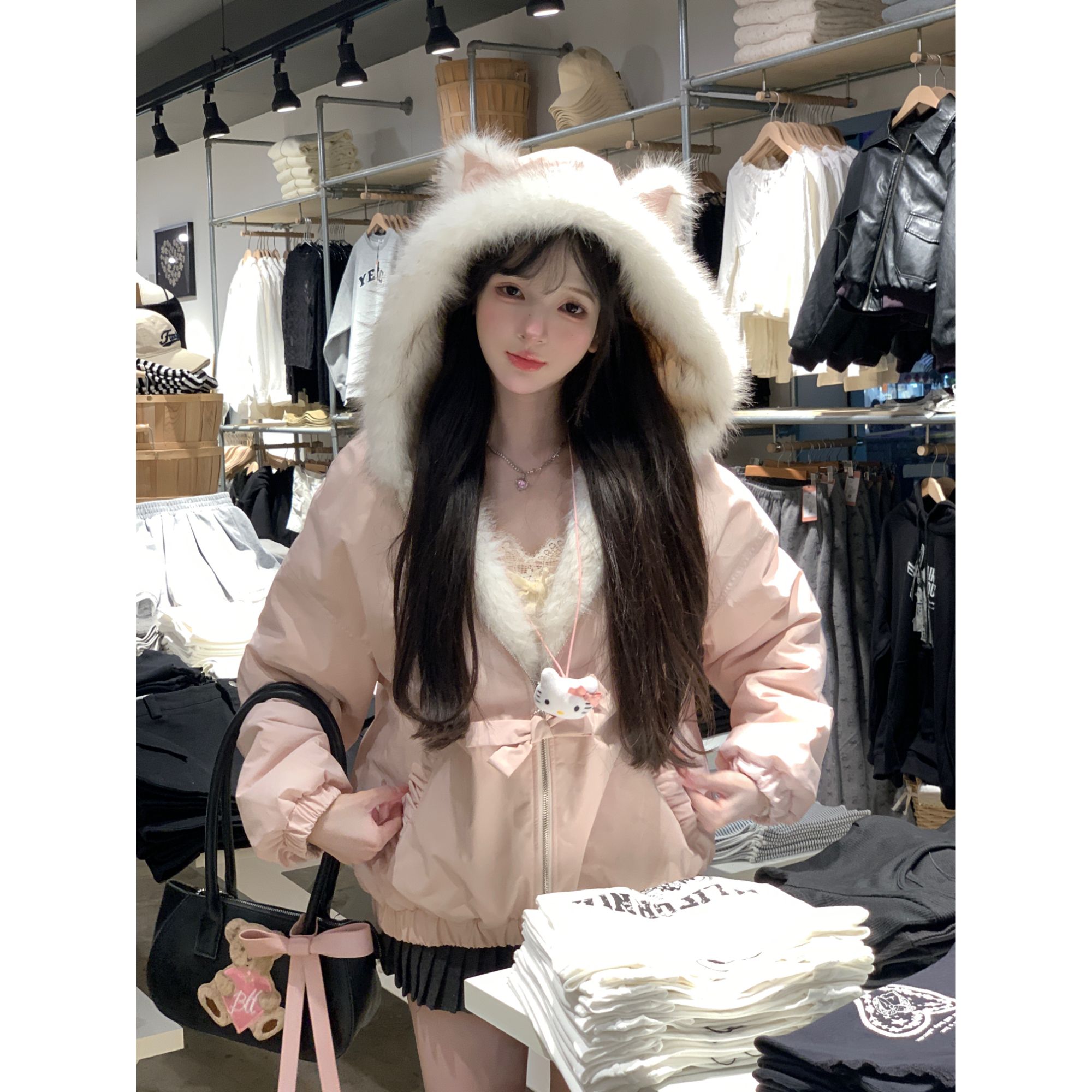 瑞茜·威瑟斯 冬日恋歌2.0 冬季甜美连帽保暖两穿毛毛外套R3306W