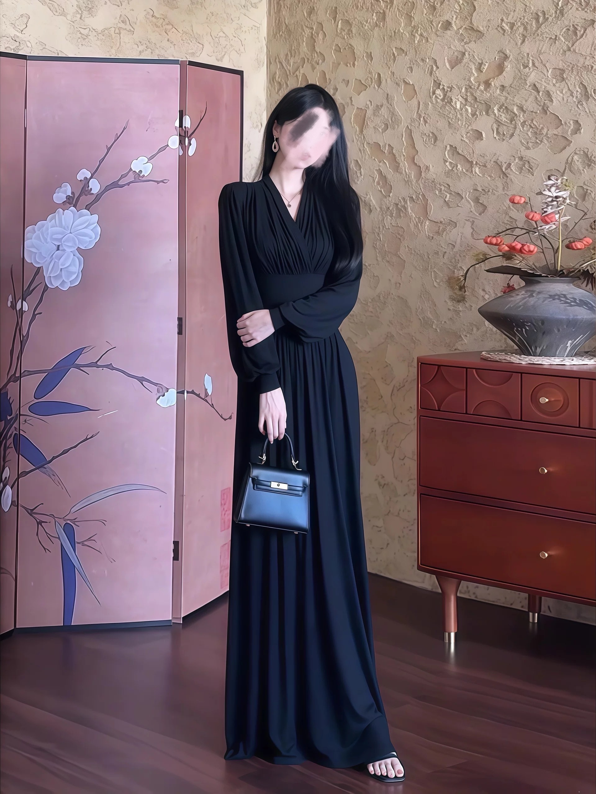 公主法式交叉v领长袖连衣裙女秋季大摆长裙高级感气质a字裙子8302