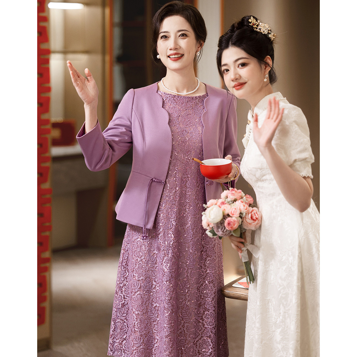 喜婆婆婚宴礼服2025新款婚宴装平时可穿高贵优雅粉色连衣裙两件套