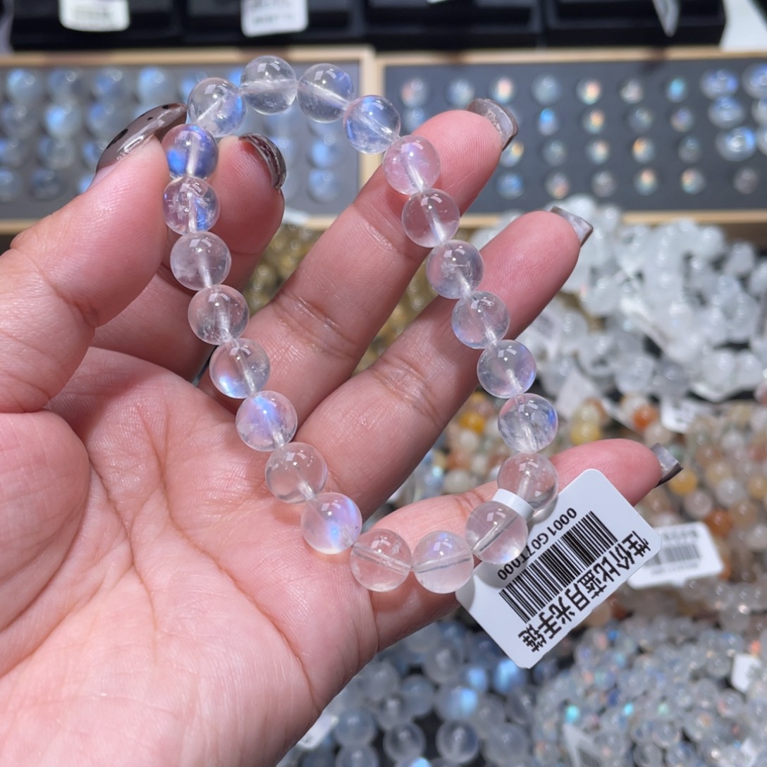 加***辣未镶嵌长石手链冰透蓝月光手链8mm+