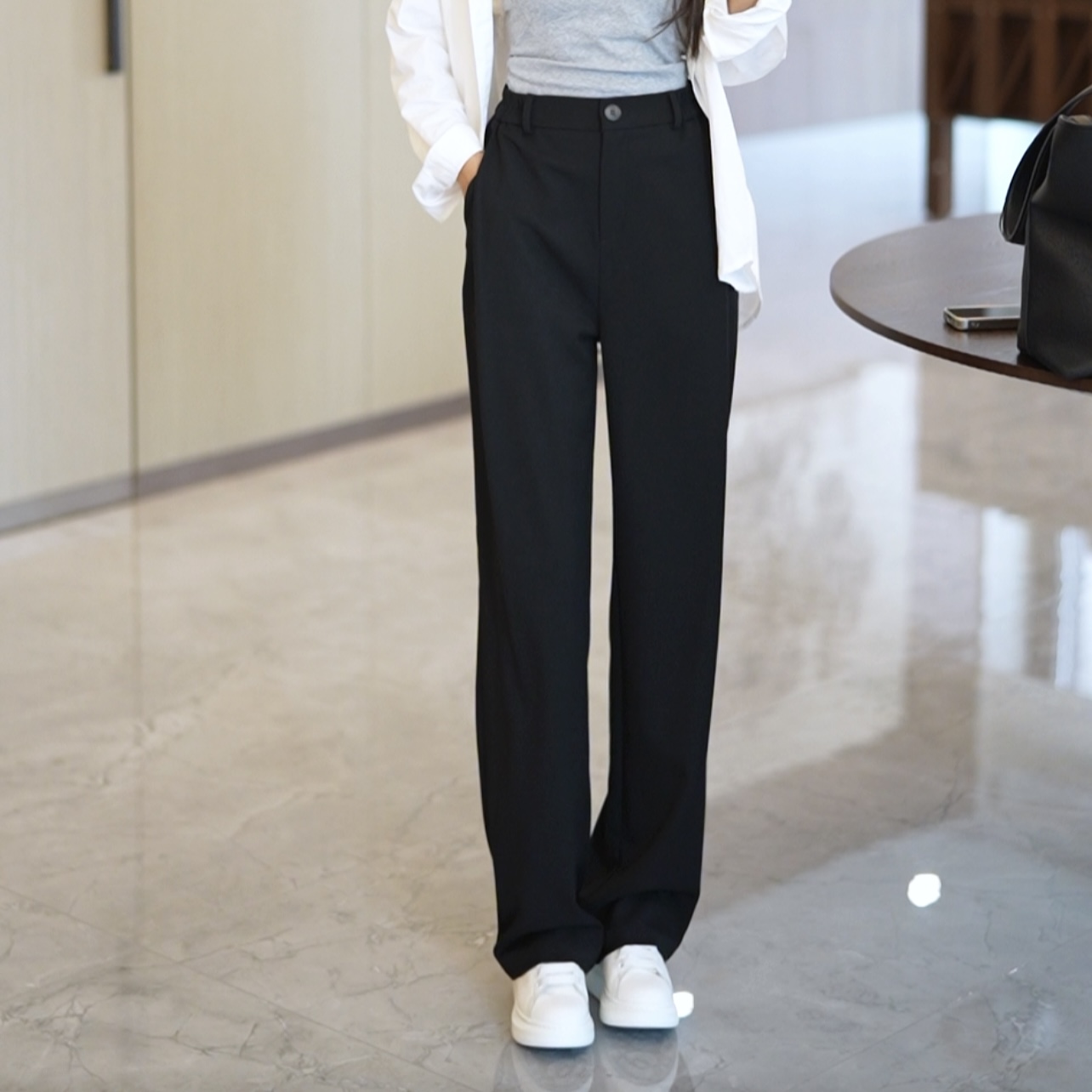 窄版西装裤女2025新款春秋高腰垂感拖地休闲设计感直筒灰色阔腿裤