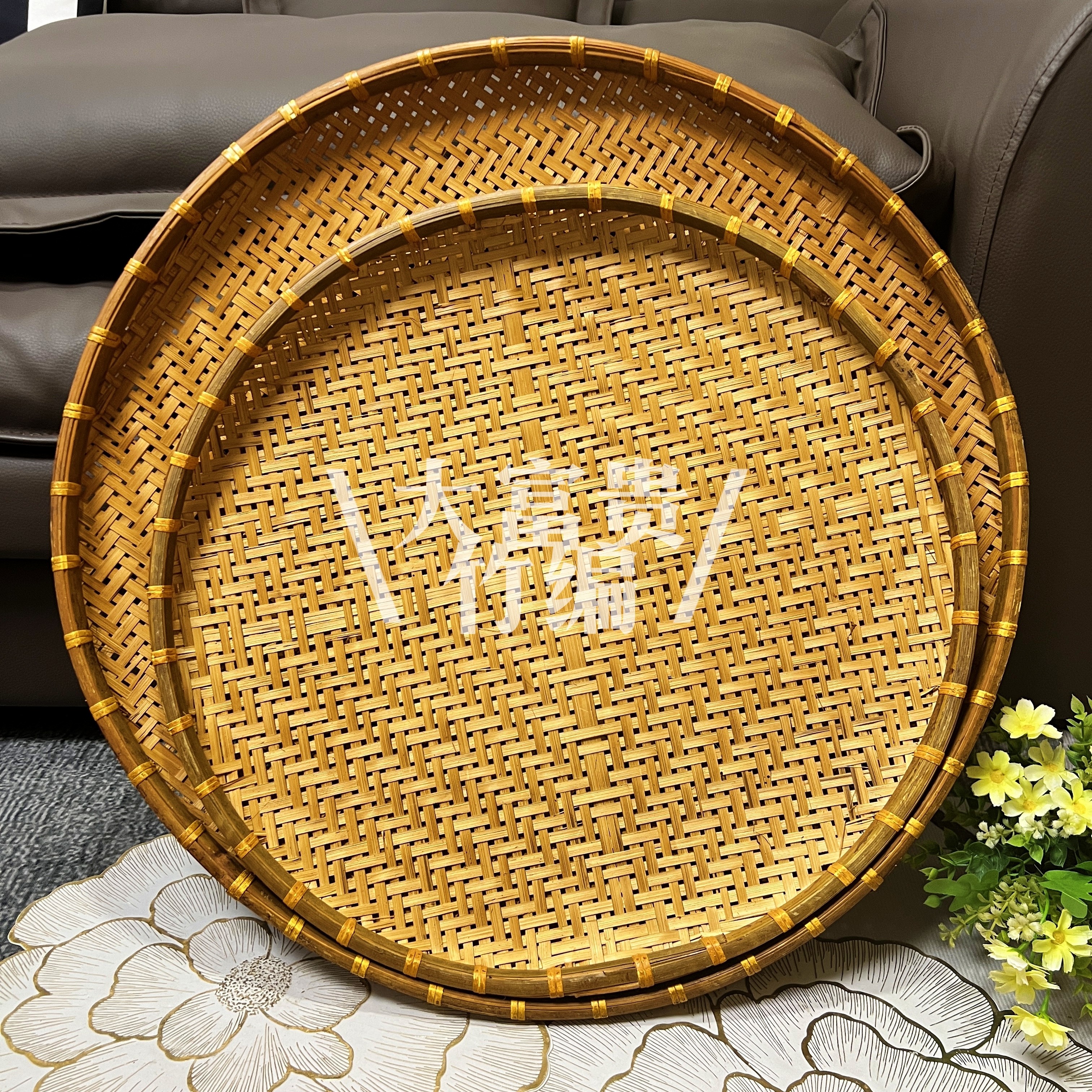 DFG1111（到手 2个）超大号烟熏有孔竹编圆形晒筐手工编织60-50公分