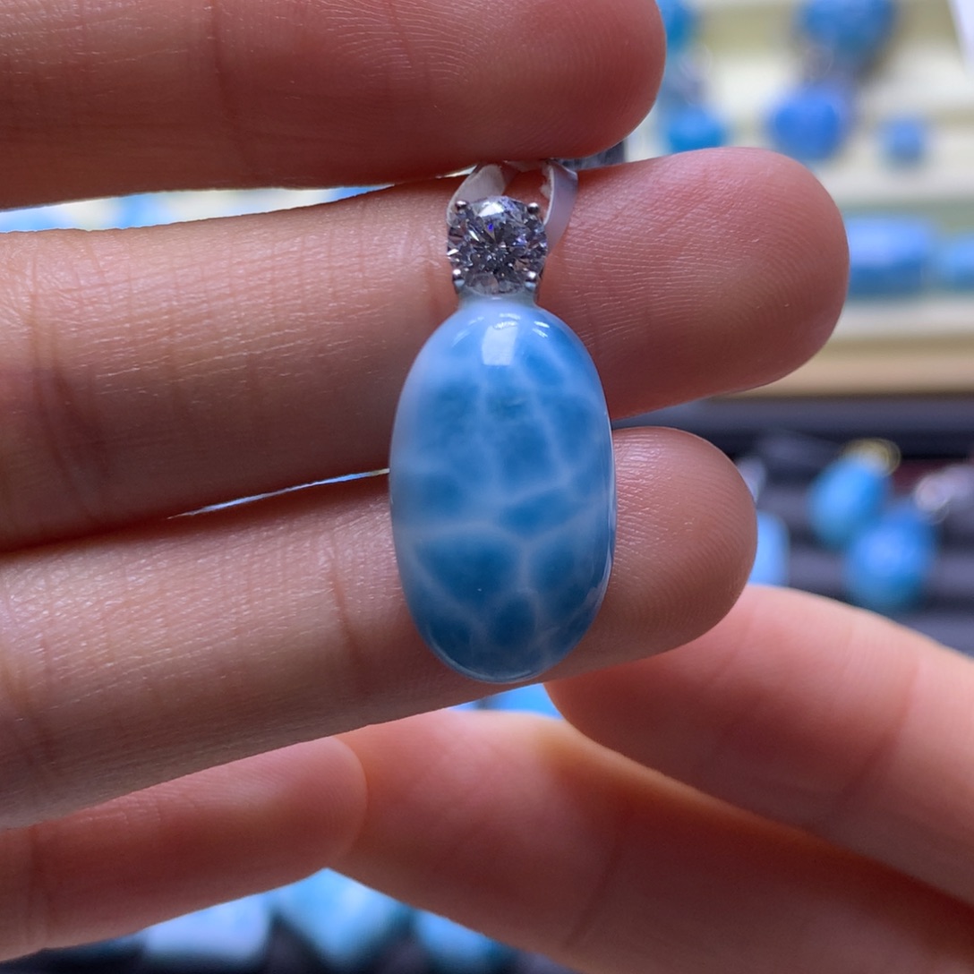 针钠钙石（海纹石）银S925镶嵌吊坠(不含链)蛋面吊坠色差略异