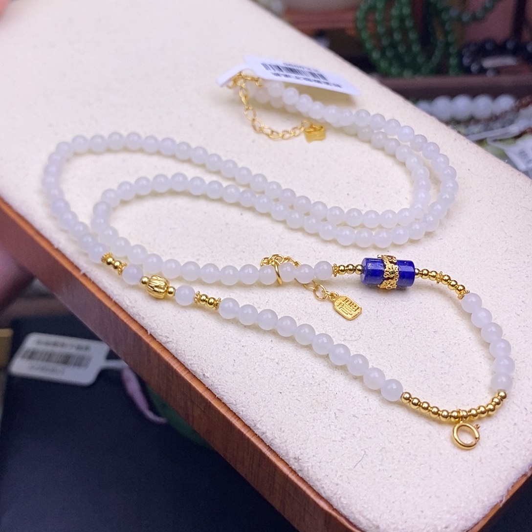 和田玉未镶嵌颈饰白玉米珠链4mm