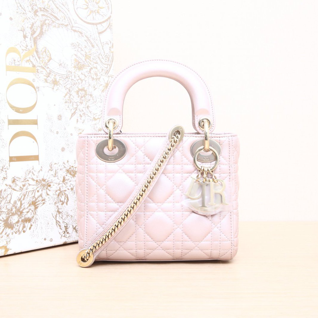 95新 DIOR/迪奥 小花双双 戴妃包 三格 粉色 皮革S 2017 金扣