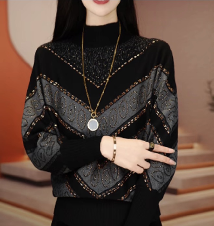 （烫钻）秋冬新款保暖提花减龄洋气宽松女士气质时尚上衣长袖打底衫