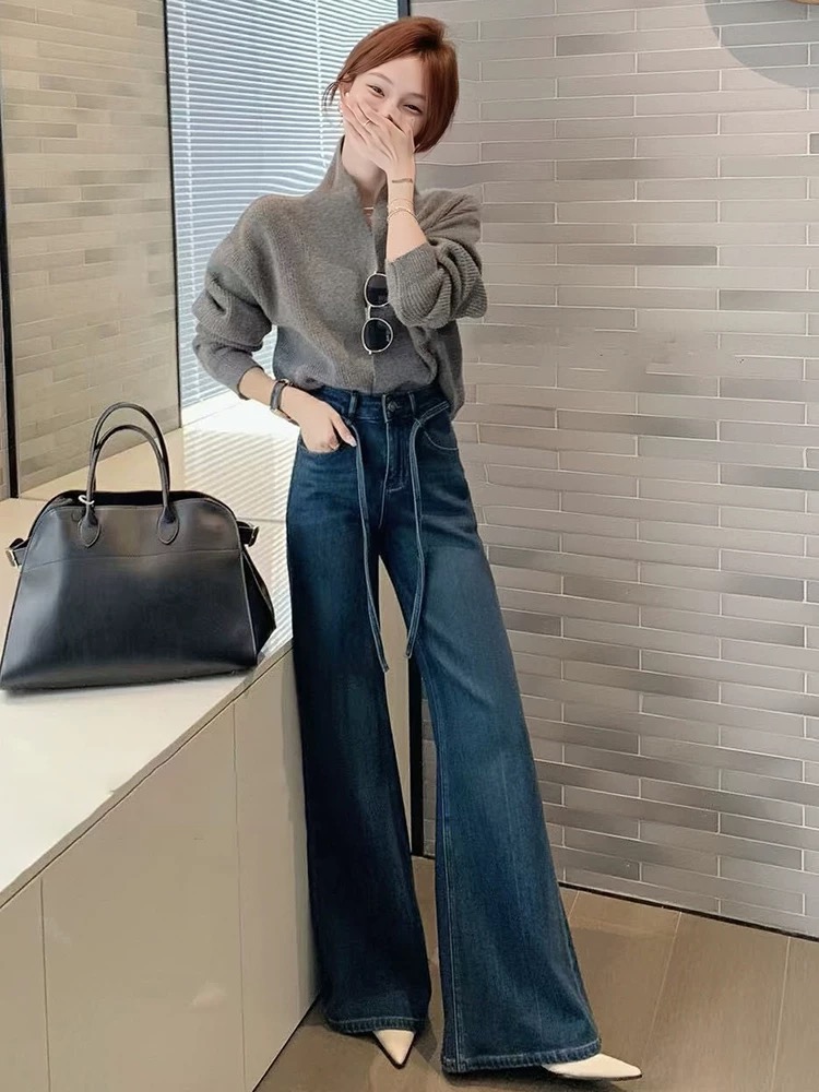 【003】秋冬新款直筒显瘦微喇复古系带超模牛仔裤