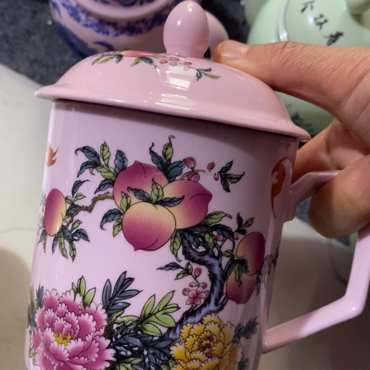 摆件陶红稀土寿桃牡丹直通办公杯