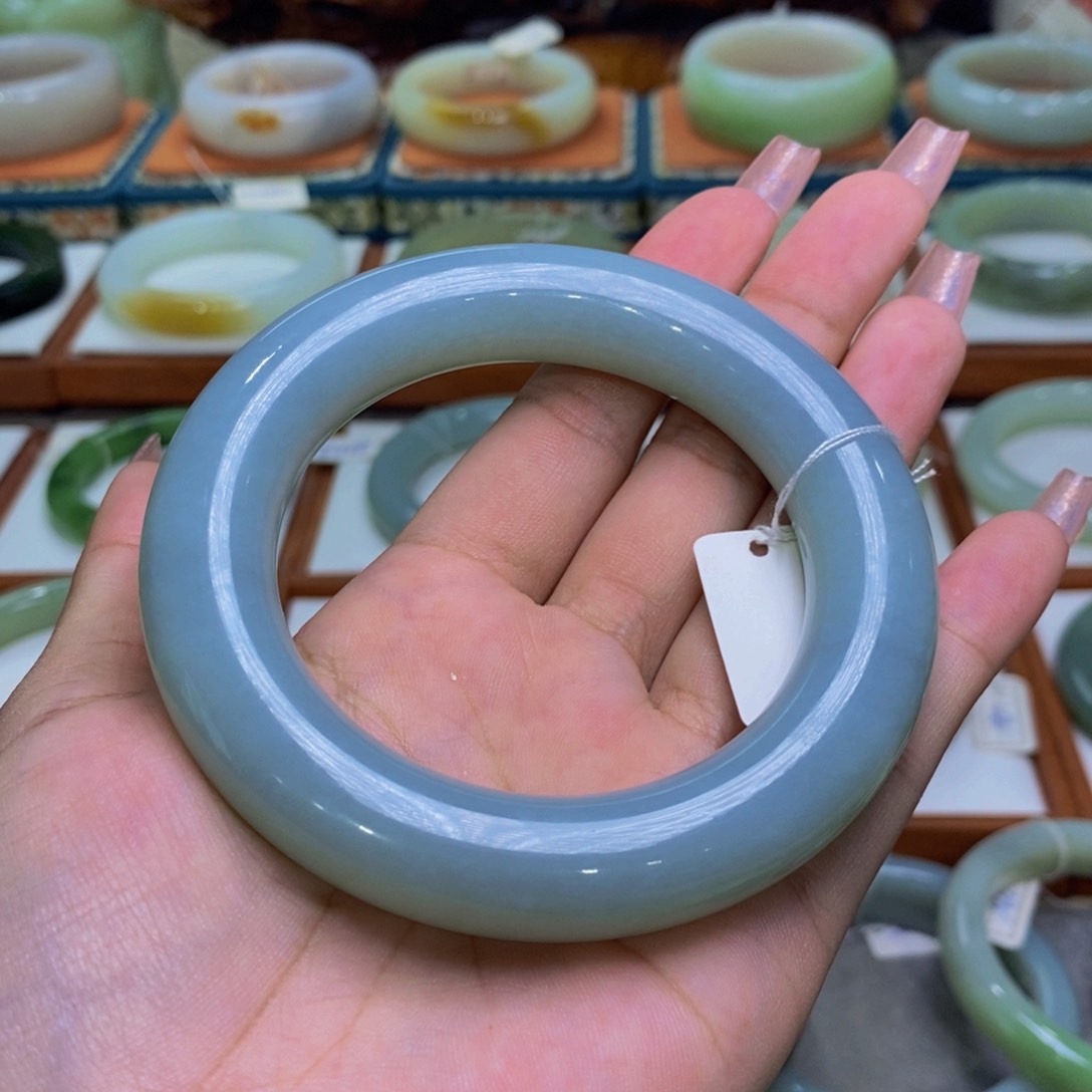 和田玉手镯未镶嵌和田玉且末蓝胖圆5859
