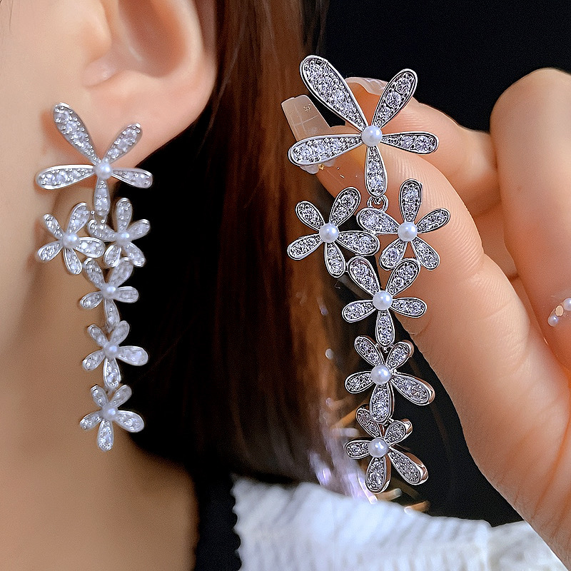 纯铜锆石耳饰 欧美风夸张时尚花朵耳环气质百搭耳钉长款流苏耳饰