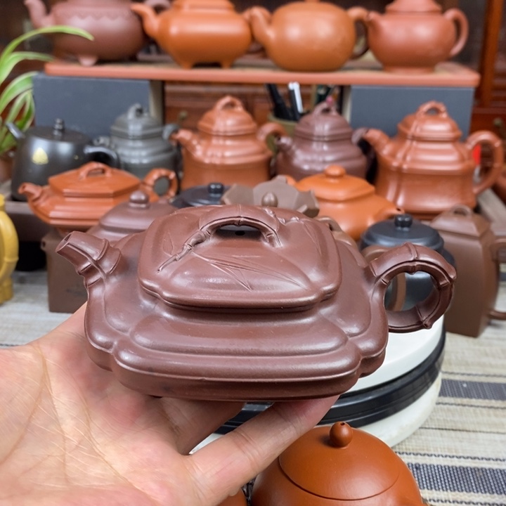 紫砂茶壶四方扁竹180cc原矿一厂老紫泥