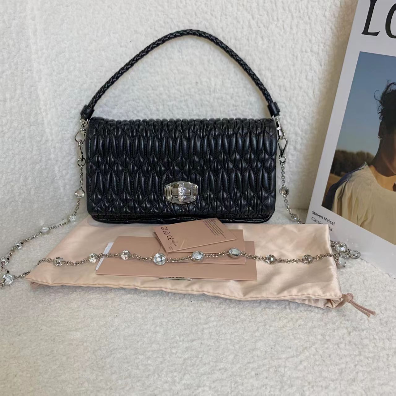 99新 MIU MIU/缪缪  壹臻/黑银褶皱宝石链条包小号 新扣 32859374