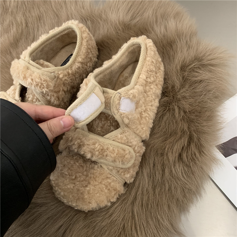 网红白色法式玛丽珍平底毛毛鞋女2024新款秋冬保暖软底豆豆棉鞋子