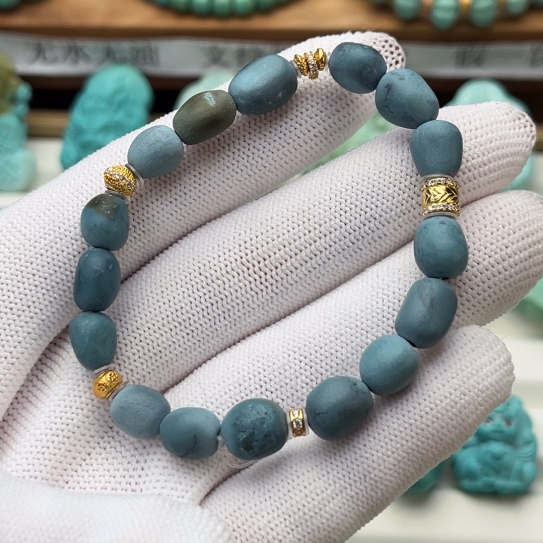 绿松石银S925镀金镶嵌珠宝奇石雾霾糖豆手串