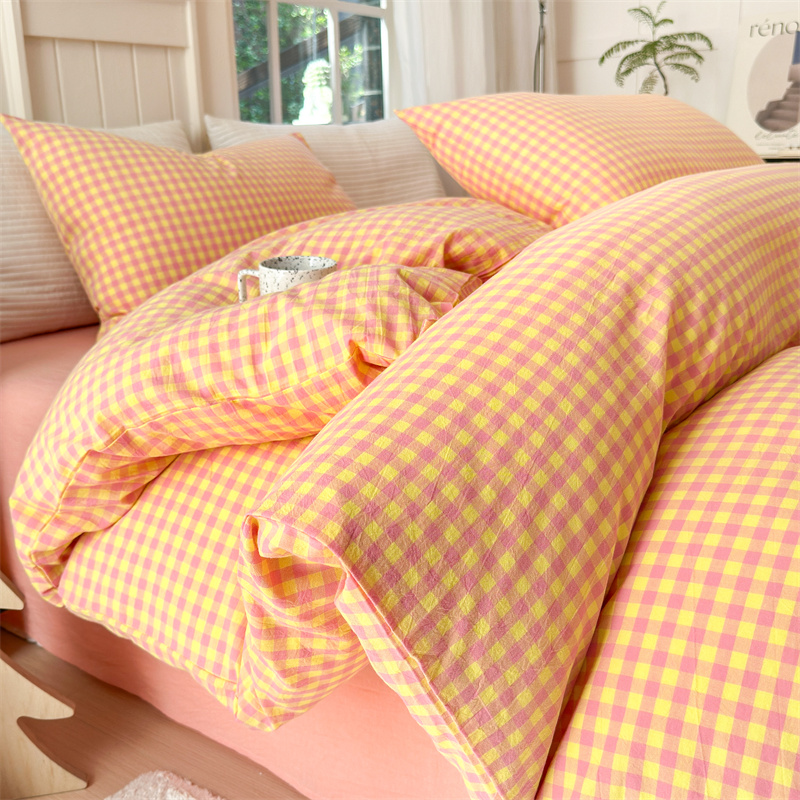 100%全棉四件套色织简约纯棉套件被套床单四季款無印风格子