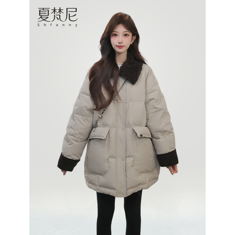 夏梵尼云雾松林冬季新款90白鸭绒羽绒服翻领加厚气质百搭拼接外套