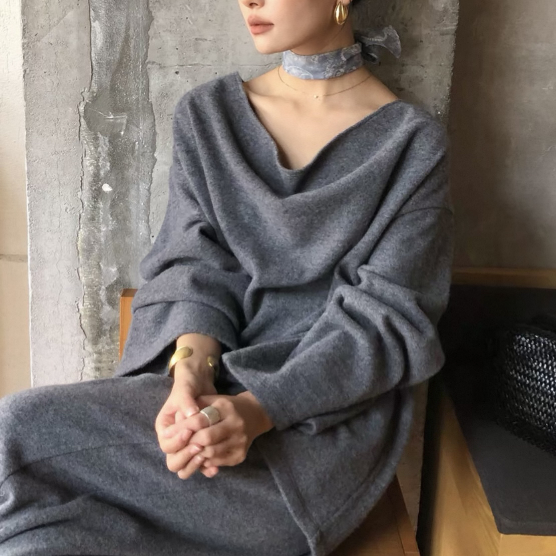 冬软糯羊毛荡领简约松弛随性卫衣阔腿裤套装