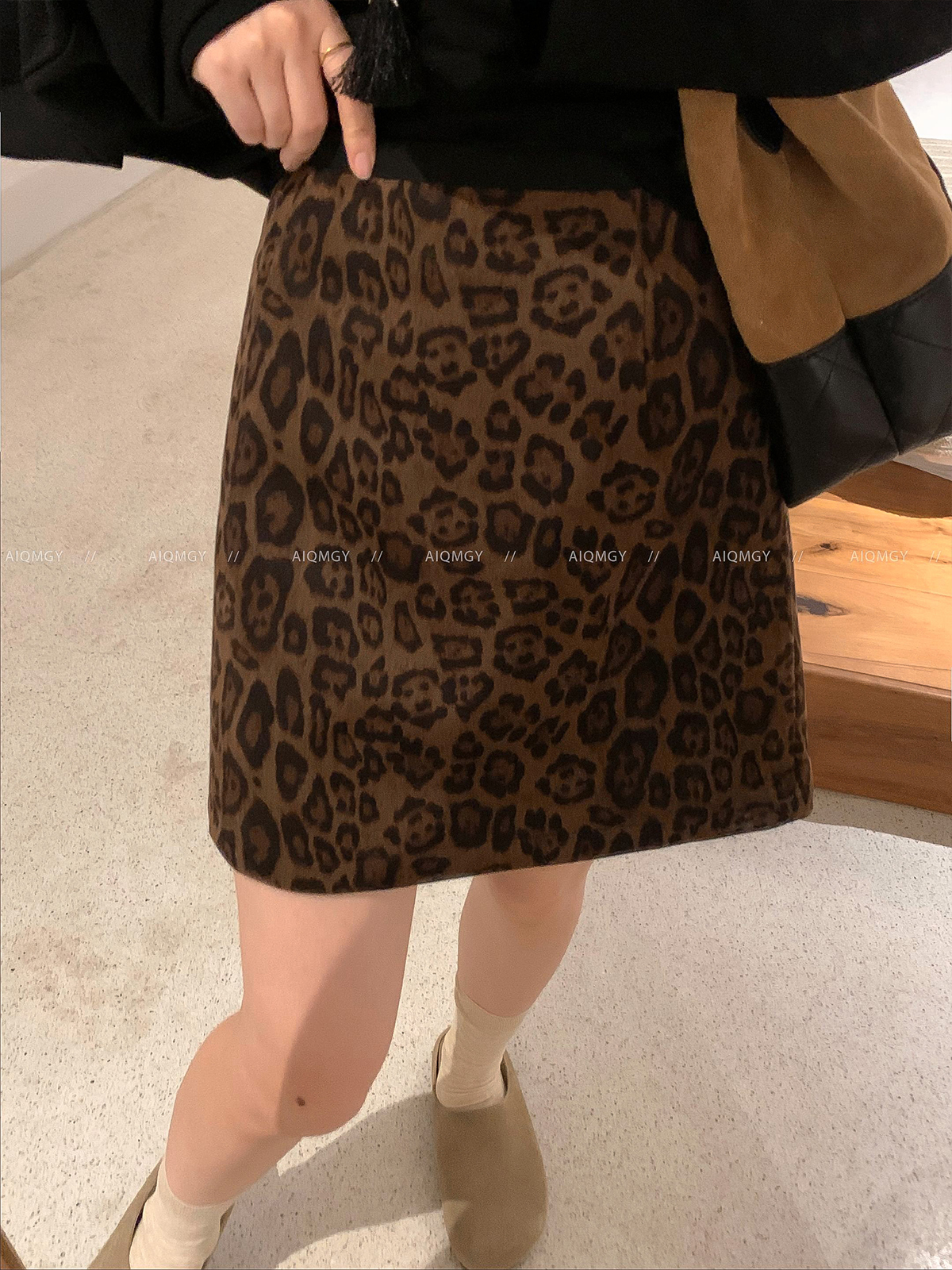 美式辣妹鹿皮绒豹纹半身裙女装高腰显瘦包臀裙秋冬新款A字短裙