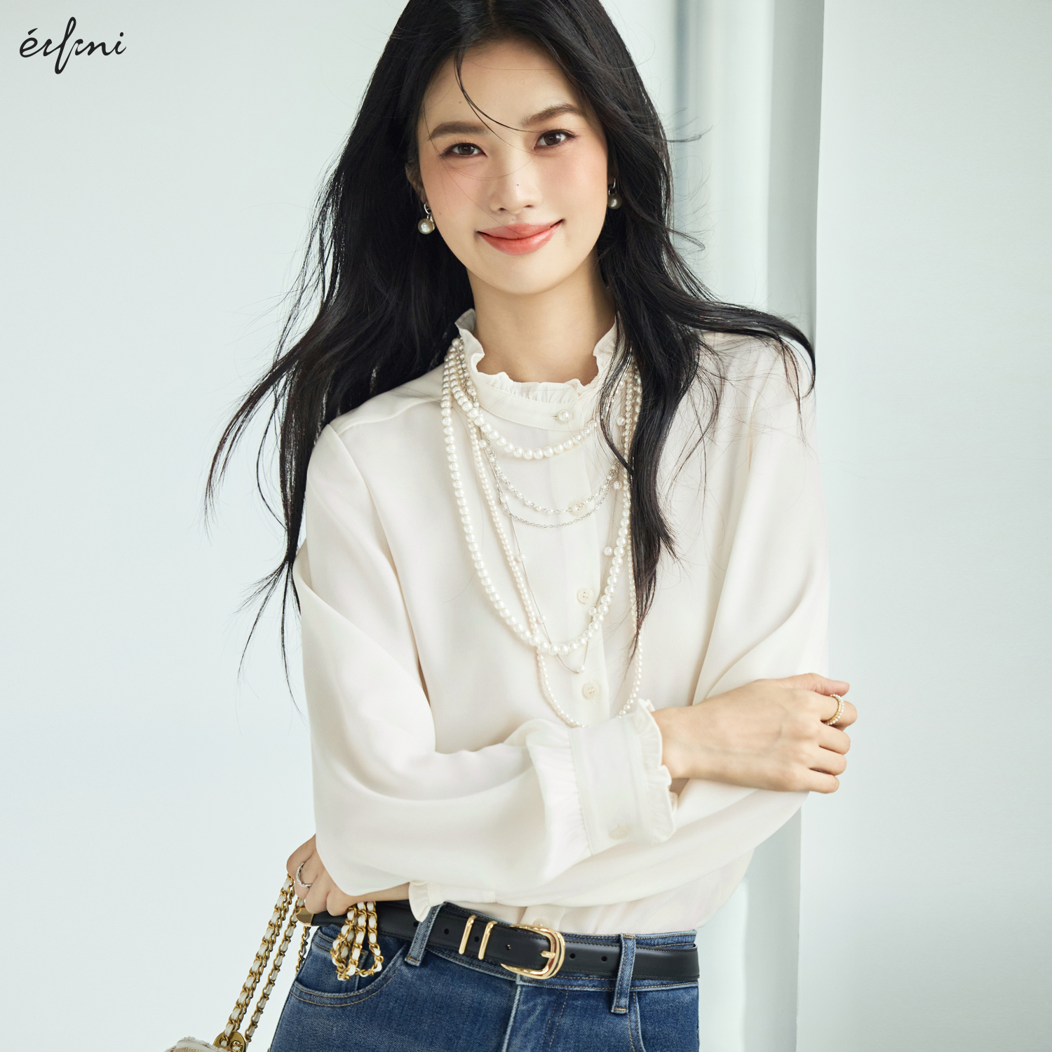伊芙丽基础立领领口袖口木耳边珍珠扣衬衫2025秋新款1G8922591