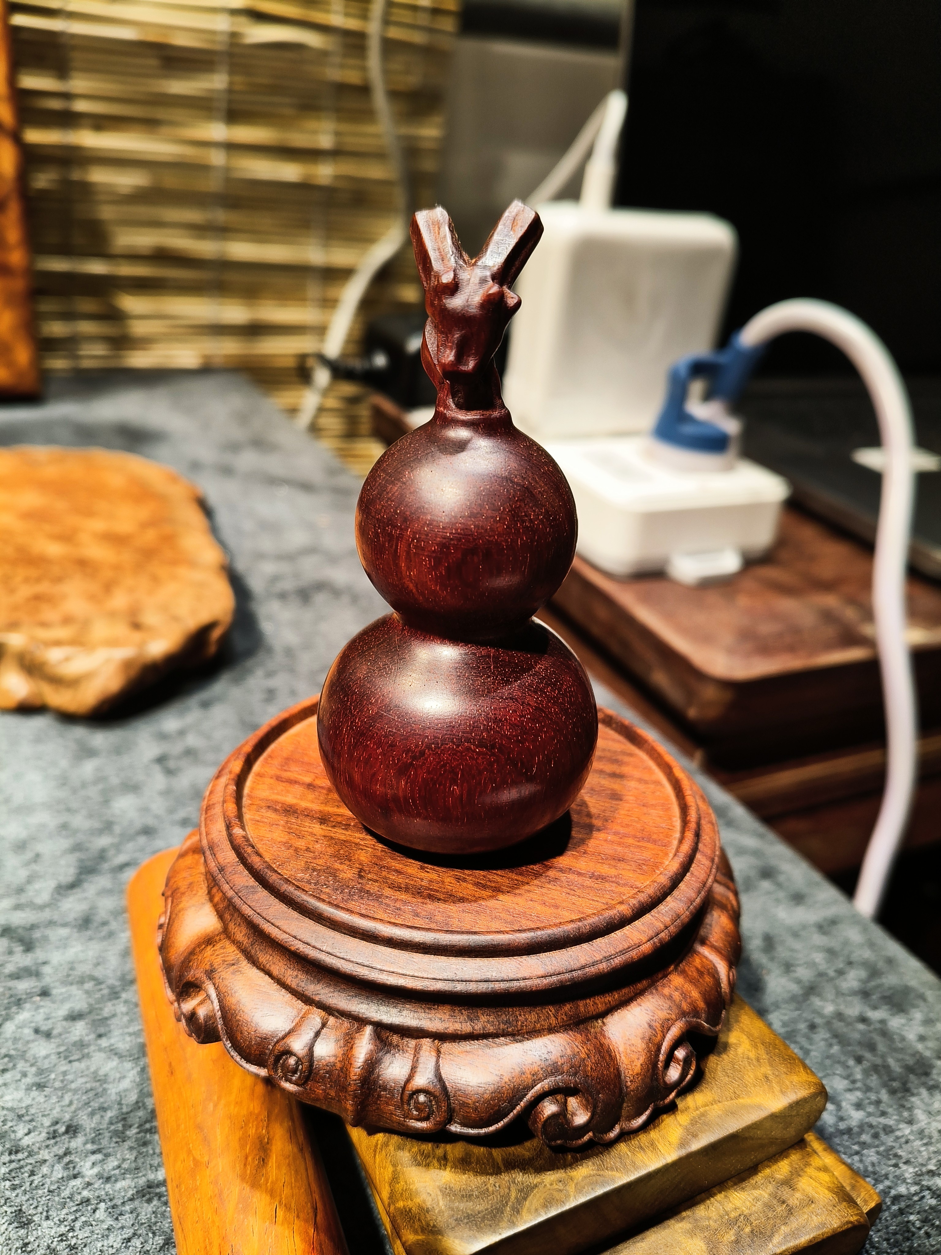 非洲紫檀，纯手工雕刻龙头葫芦