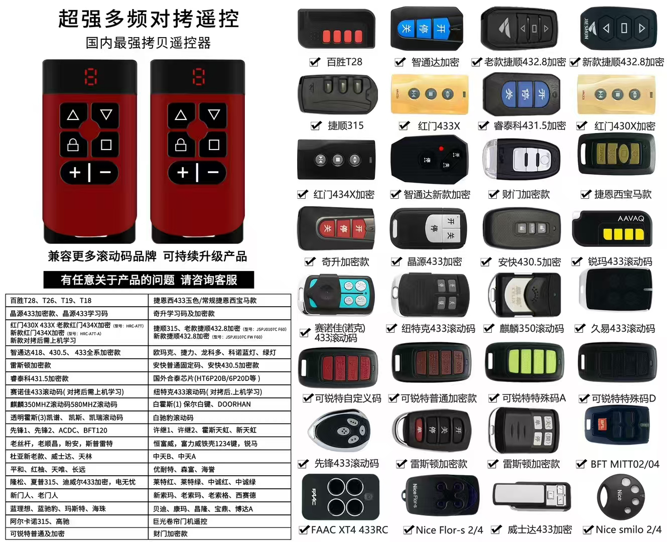 多频通用电动门卷帘门车库门遥控器伸缩门道闸平移八合一遥控器