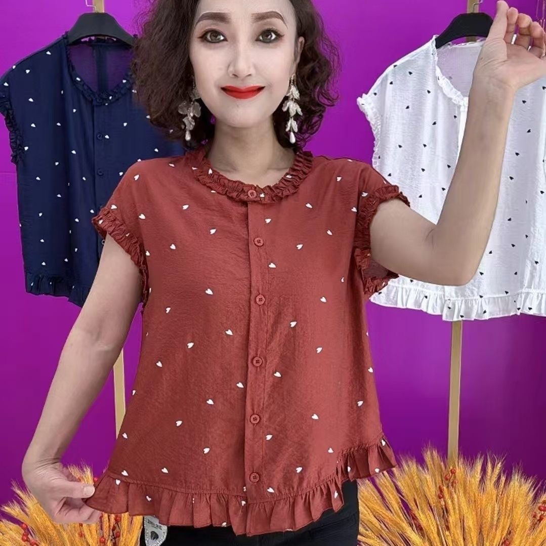 2025夏季新款时尚耳边短袖女装圆领爱心减龄洋气衬衫显瘦小上衣