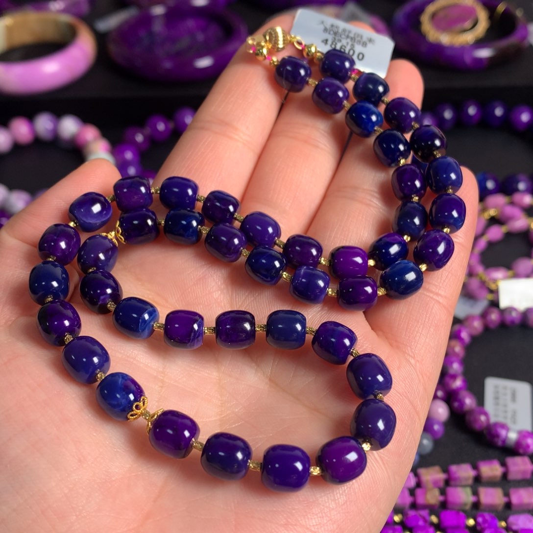 苏纪石（舒俱来）18K金镶嵌凝胶果冻蓝紫幻彩桶珠项链