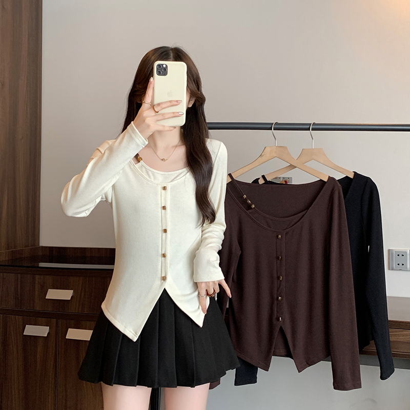 2025秋装新款胖mm大码女时尚纯欲假两件修身显瘦长袖上衣A2417