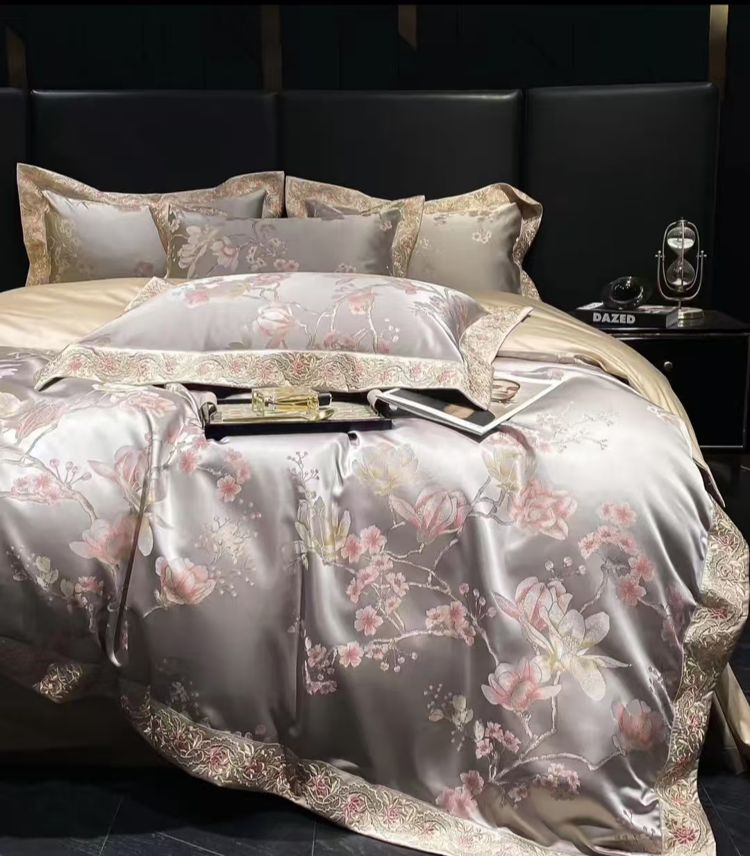 boyue博越/新中式国风高支高密长绒棉轻奢高档色织提花四件套绣花