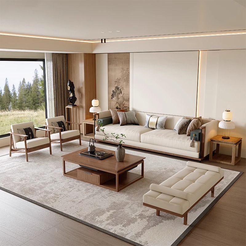 新中式北美黑胡桃木禅意沙发组合轻奢现代简约直排客厅实木沙发