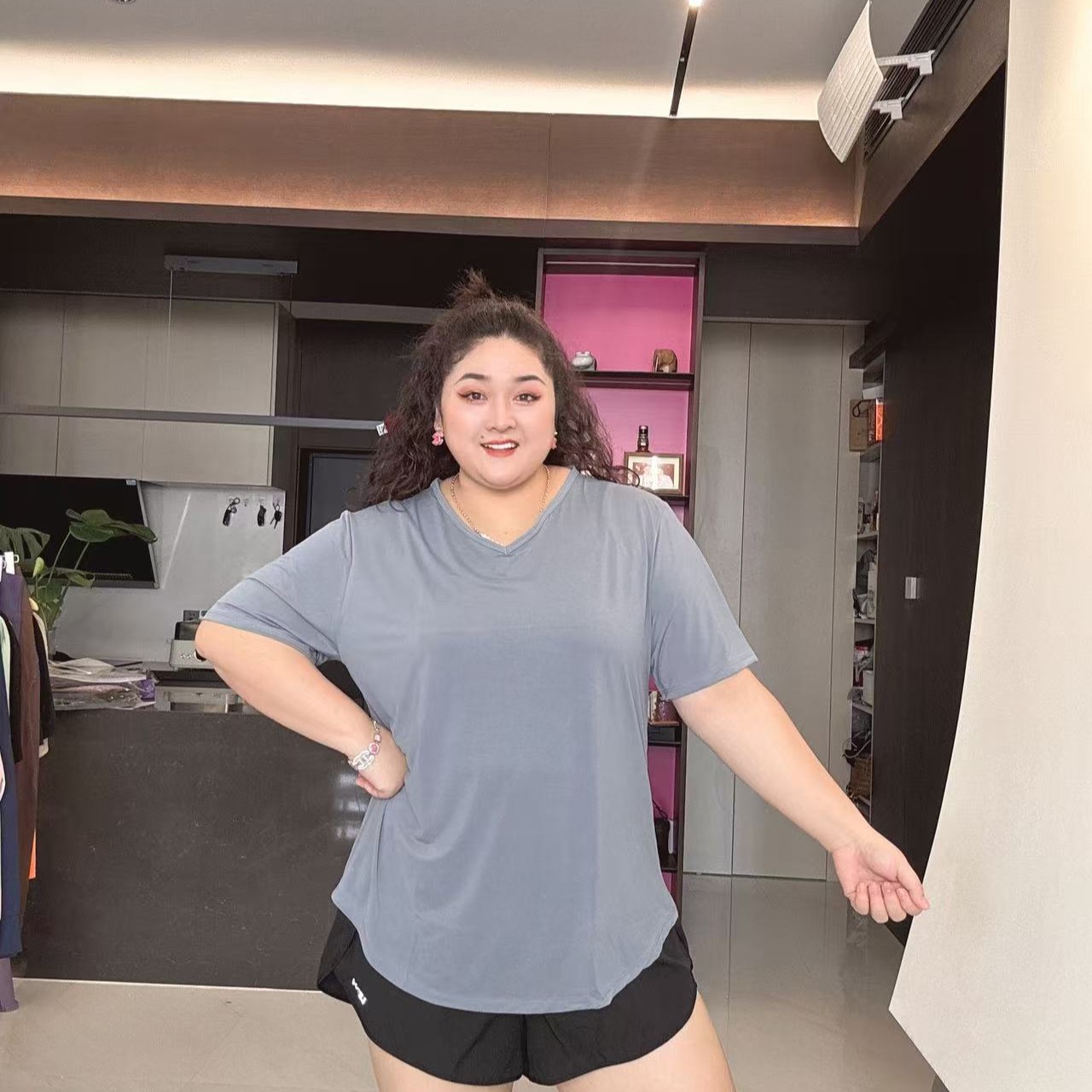 （断码特价）大码夏季V领速冰感运动纯色加长加大宽松短袖SY-141