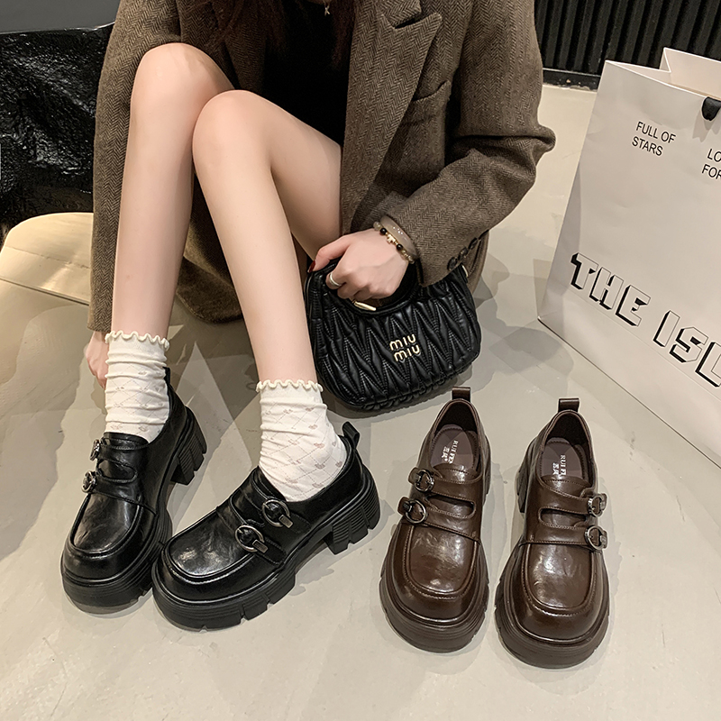 英伦风厚底增高乐福鞋女2025秋季新款一脚蹬单鞋粗跟JK小皮鞋