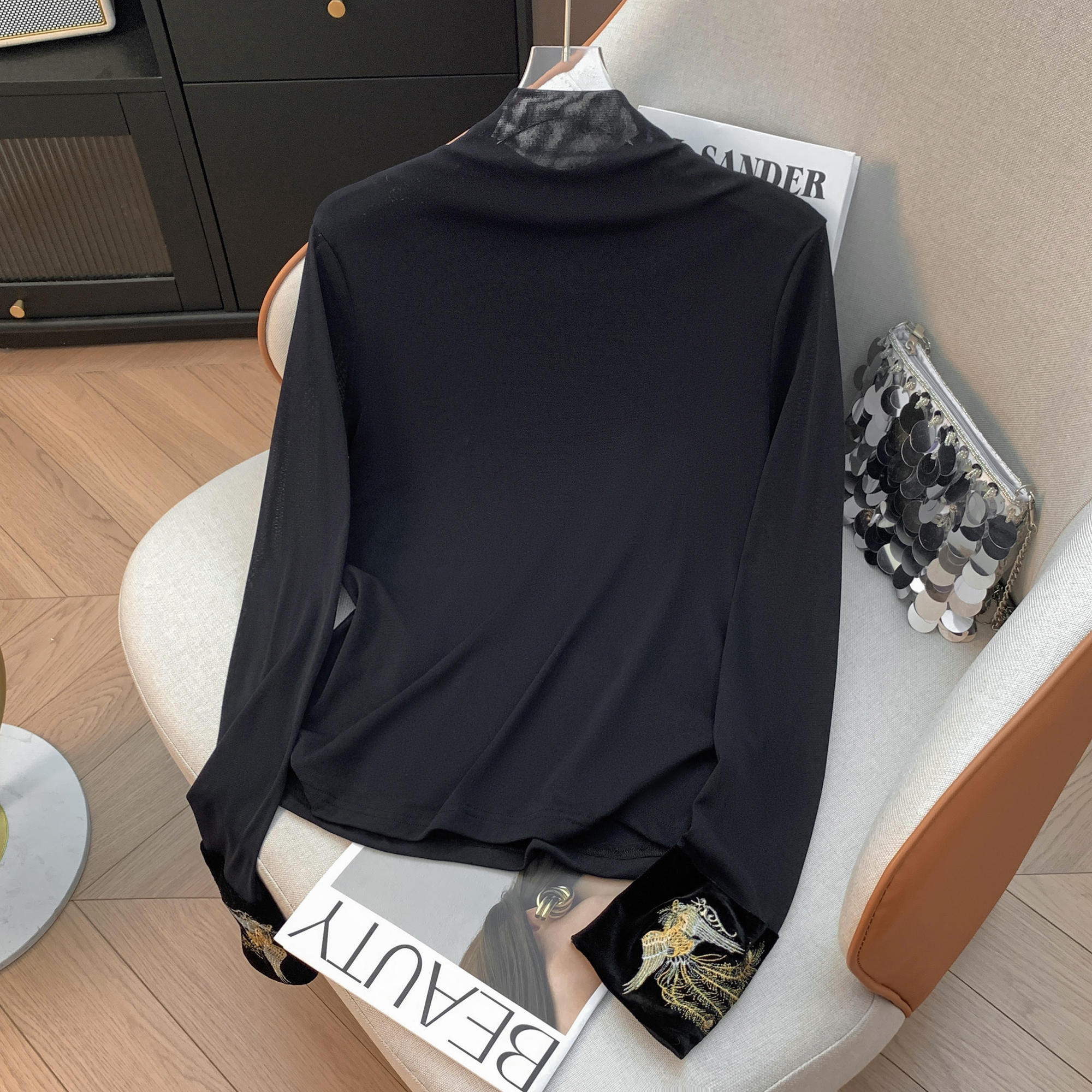 D999-3239【金凤一】秋冬新中式刺绣网纱打底衫显瘦修身半高领上衣