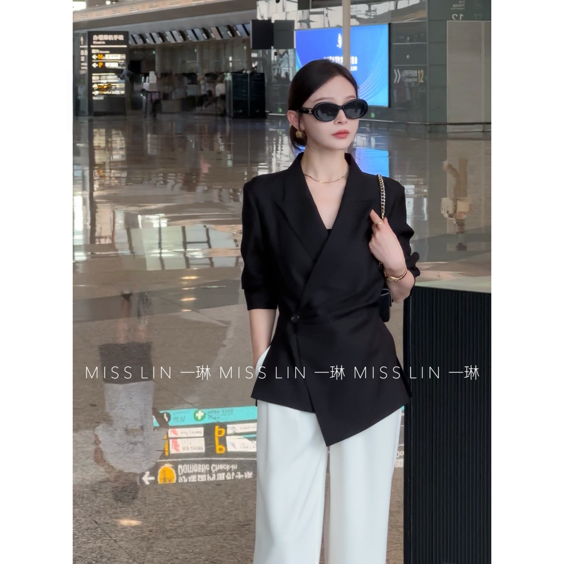 一琳Elin【无可挑剔】夏季时尚气质款设计感半截袖衬衫上衣XMZH8513