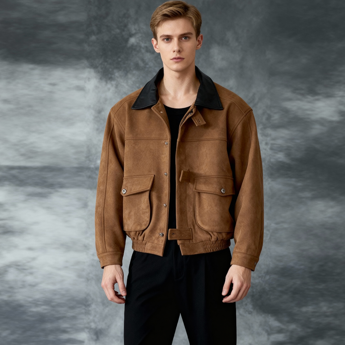 美拉德麂皮绒工装夹克男秋冬季加厚宽松复古翻领拼接机车外套