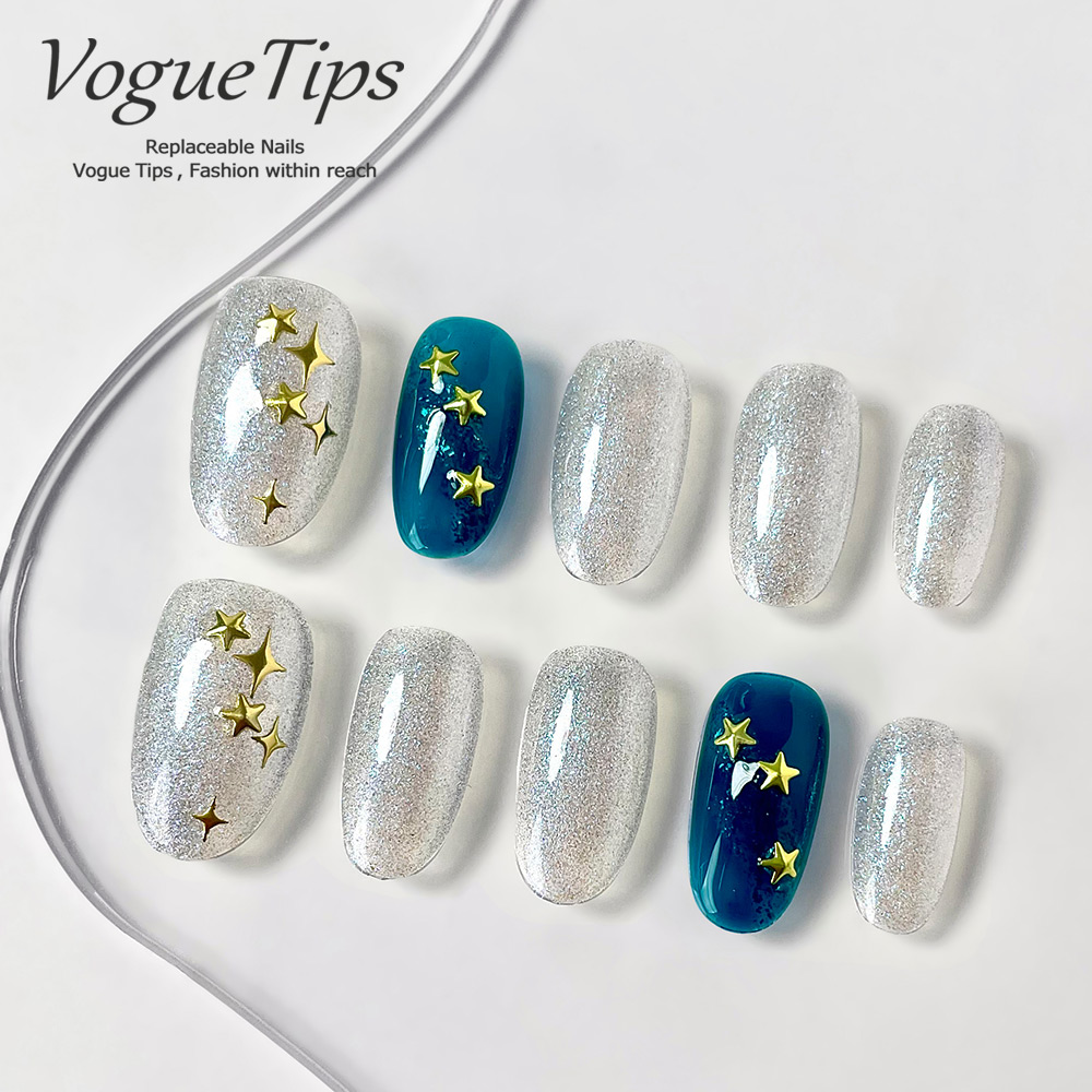 VogueTips 星月夜语手工穿戴甲简约ins风短款美甲片短椭圆ZB556