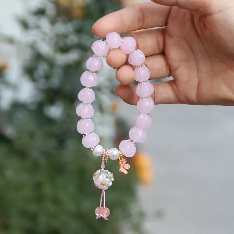 合金琉璃手链 【粉铃兰绣球花】胭脂雪粉莲花琉璃手串手链饰品手饰