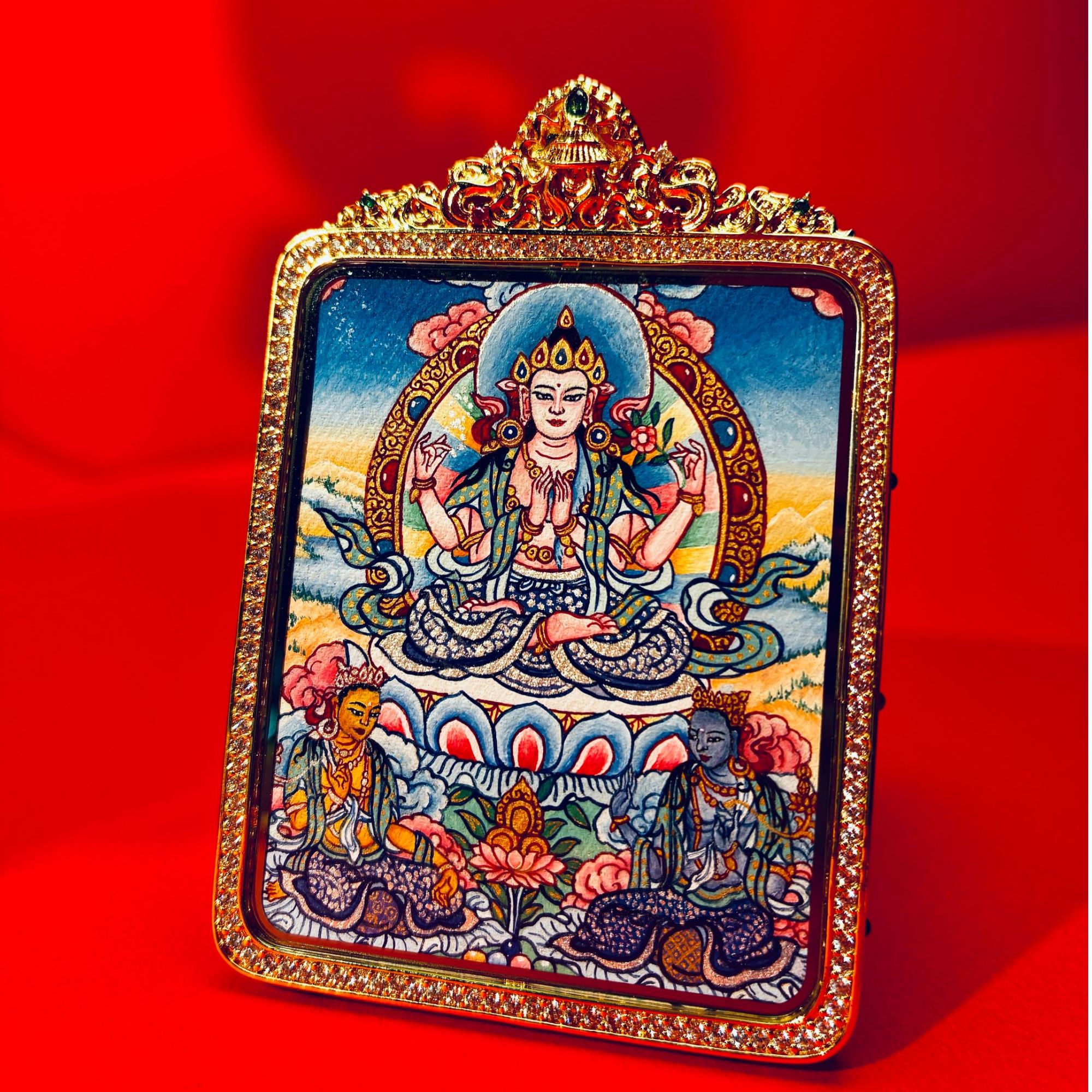 【焱梵鎏瑾】热贡纯手绘随身唐卡·雪域三怙主·吊坠  50*40mm