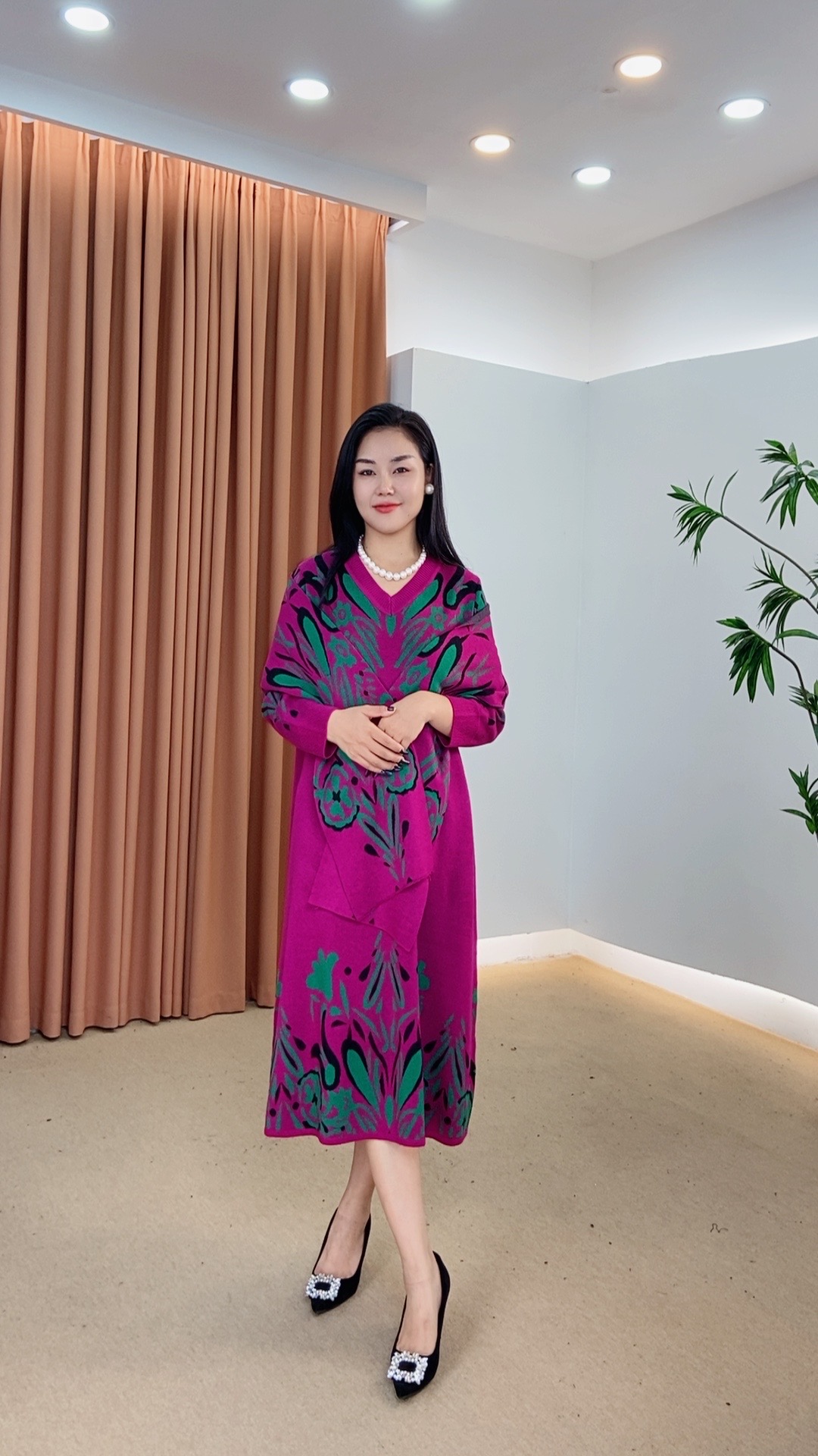 768秋冬季时尚针织提花长袖长款百搭连衣裙显瘦妈妈装